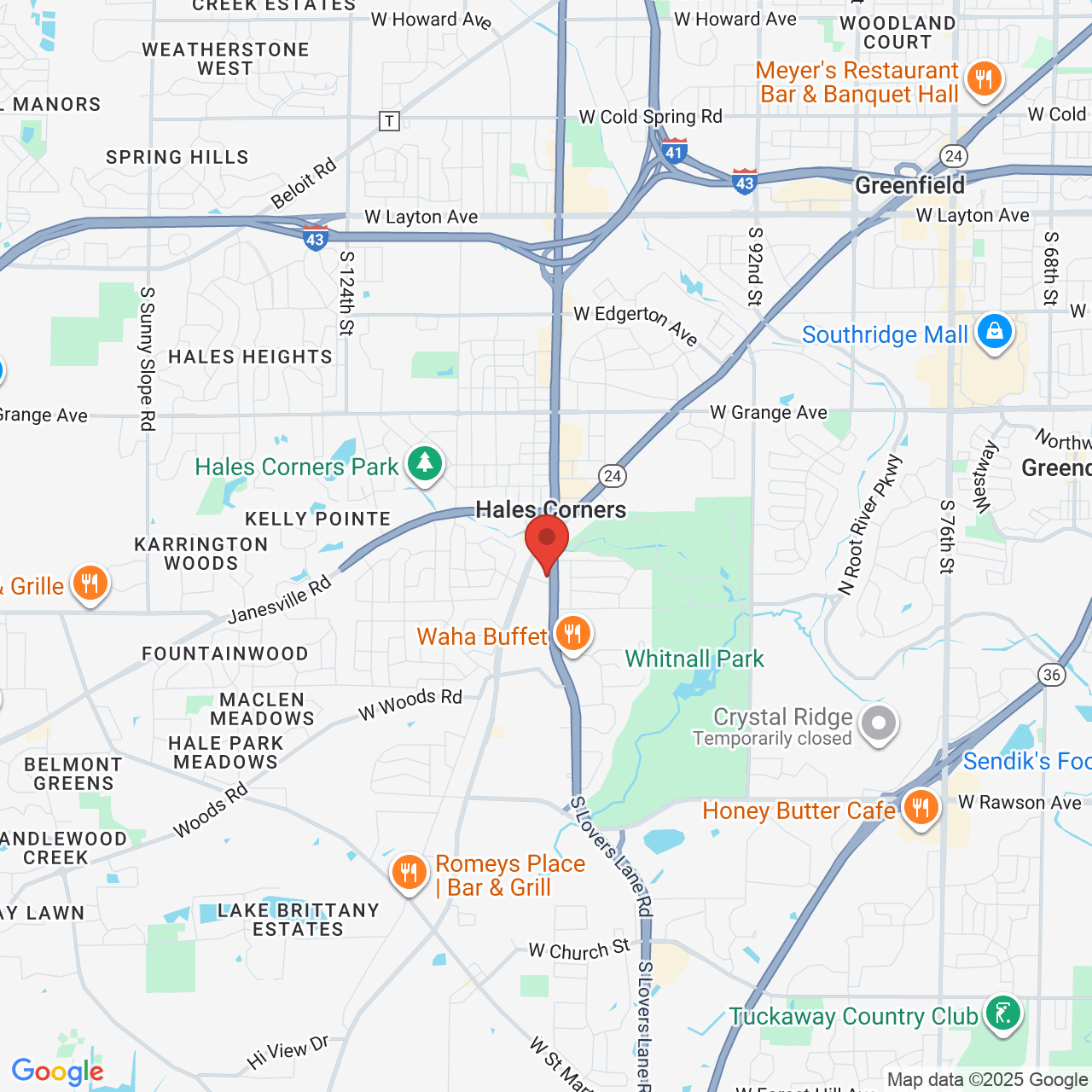 Google map image of our location in 6191 S 108th St Hales Corners, WI